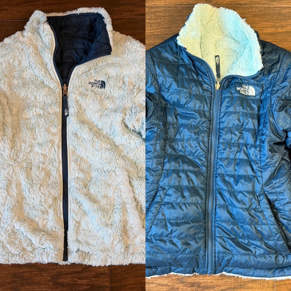 The North Face Reversible Navy Blue/Mint Green Mossbud Swirl Jacket Girls Large